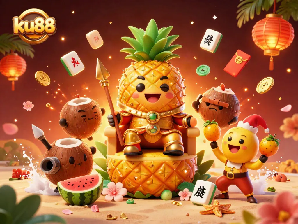 Experience winning thrills at ku88 with our vibrant 3D casino illustration featuring dynamic game elements and festive characters.