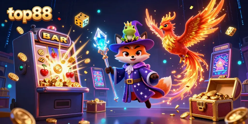 Experience thrilling top88 gaming with a wizard fox and phoenix in a vibrant casino scene.