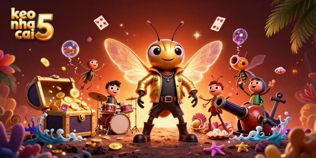 Experience the thrilling energy of keo nha cai 5 in this vibrant 3D illustration featuring a cicada rock star, beetle drummer, and backup crickets.