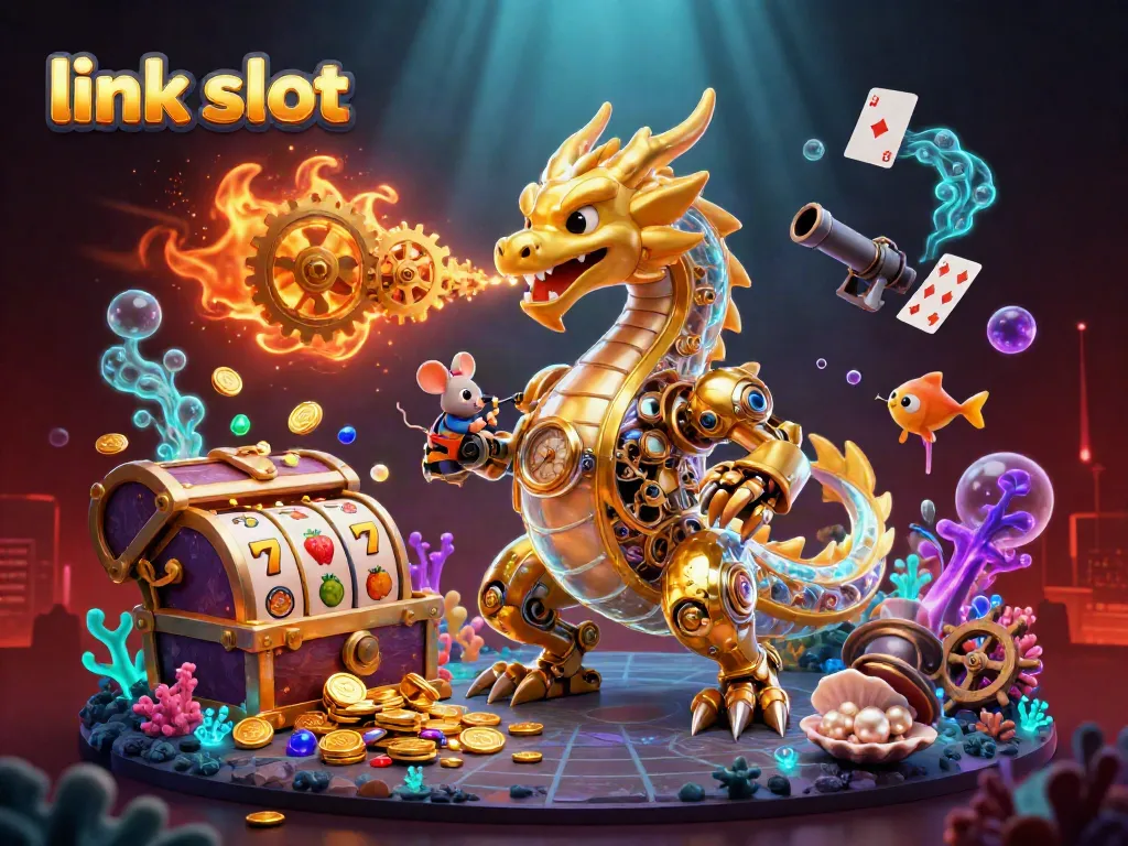 Experience exciting link slot gameplay with a golden dragon and vibrant casino elements.