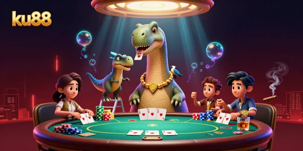 Engage in poker at ku88 with towering brontosaurus overseeing the lively scene with dynamic chips and cards.