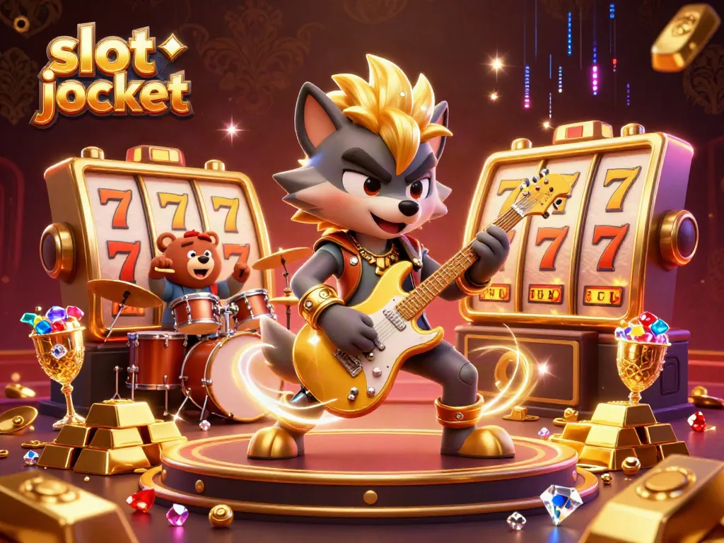 Experience slot jackpot excitement with a cartoon wolf rock star playing on stage alongside a drummer bear, set against a backdrop of fortune.