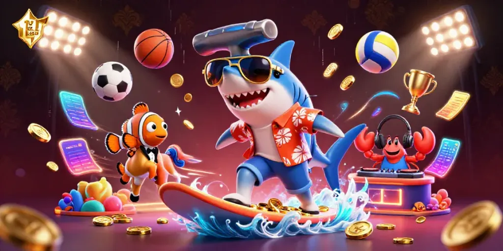 Experience ty le keo action with a dynamic casino scene featuring a shark and clownfish.