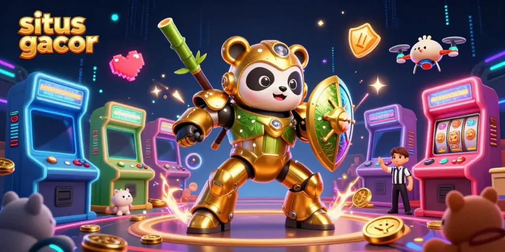 Courageously play with the golden panda in a situs gacor gaming arena filled with exciting slot elements and cheering spectators.