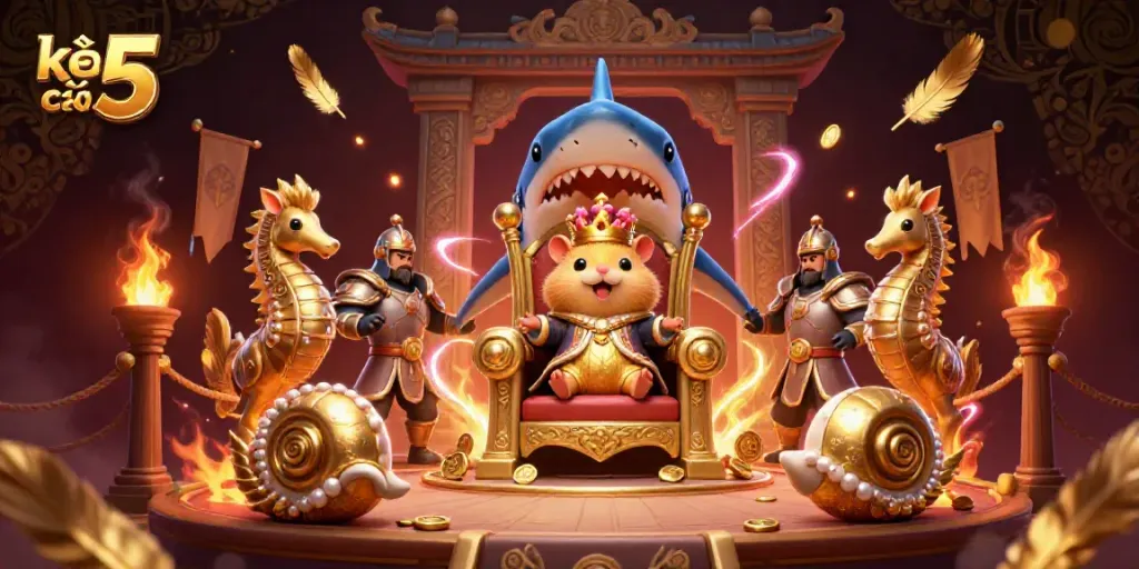 Engaging scene of kèo nhà cái 5 featuring a golden hamster king surrounded by seahorse guards, set in a vibrant gambling atmosphere.