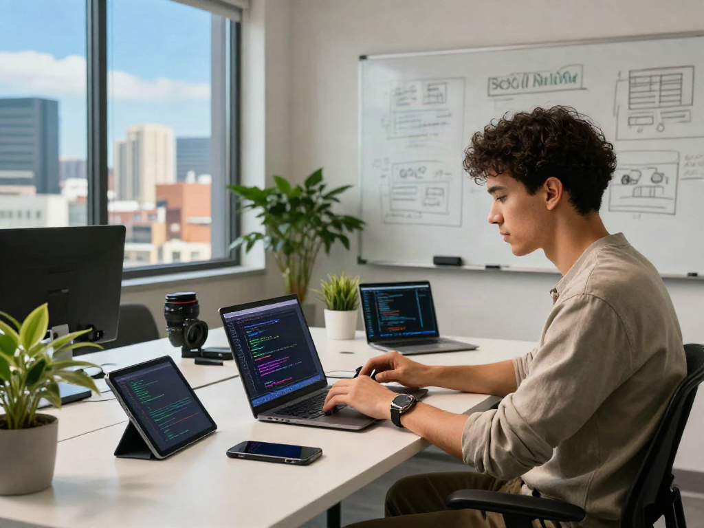 Creative workspace featuring a software engineer coding on a laptop, highlighting crush ai technology innovation.