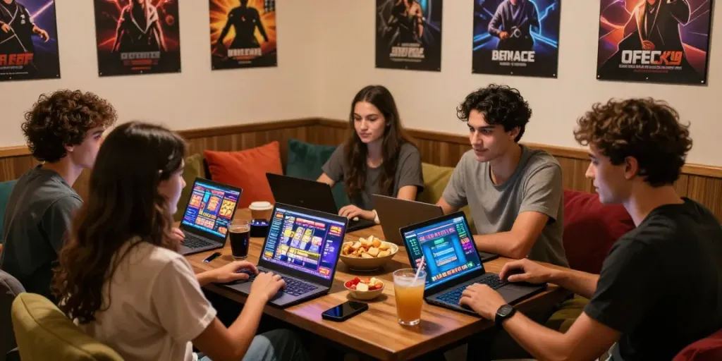 Gathering of friends enjoying online gaming at ROKOK88 rtp lounge