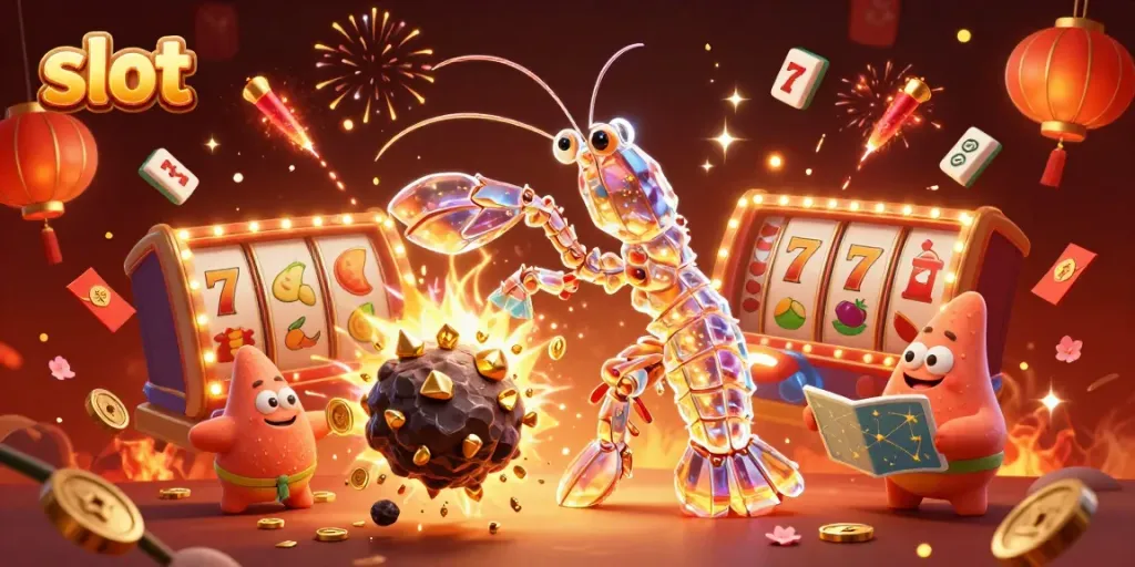Spin the reels with winning slot action as a galactic mantis shrimp celebrates with treasures.