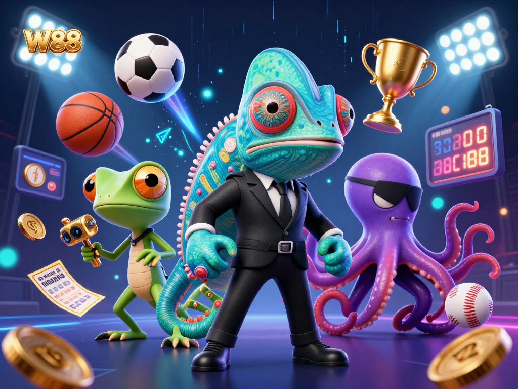 Experience thrilling W88 sports betting with a vibrant 3D illustration of dynamic characters and casino elements.