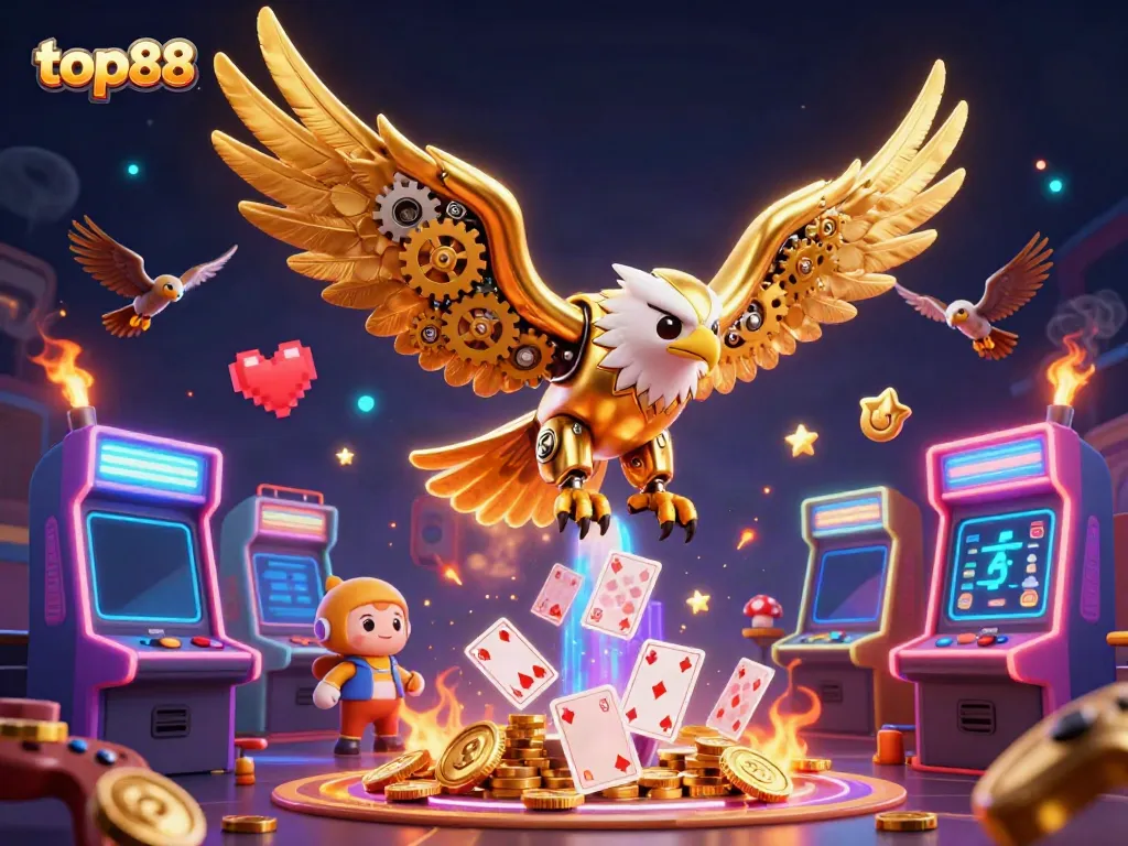 Experience thrilling wins with top88 through a dynamic casino scene featuring a cybernetic eagle.
