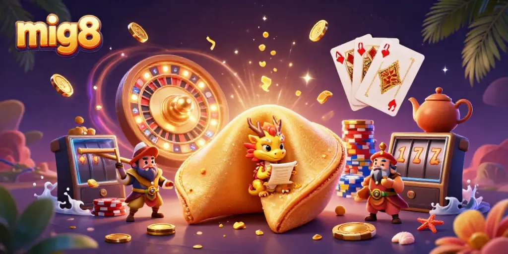 Engage with the thrilling world of mig8 featuring a golden fortune cookie and dynamic casino elements.