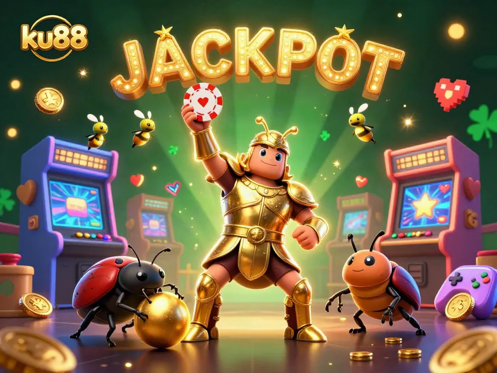 ku88 players celebrating the jackpot with vibrant casino elements, showcasing thrilling gaming excitement