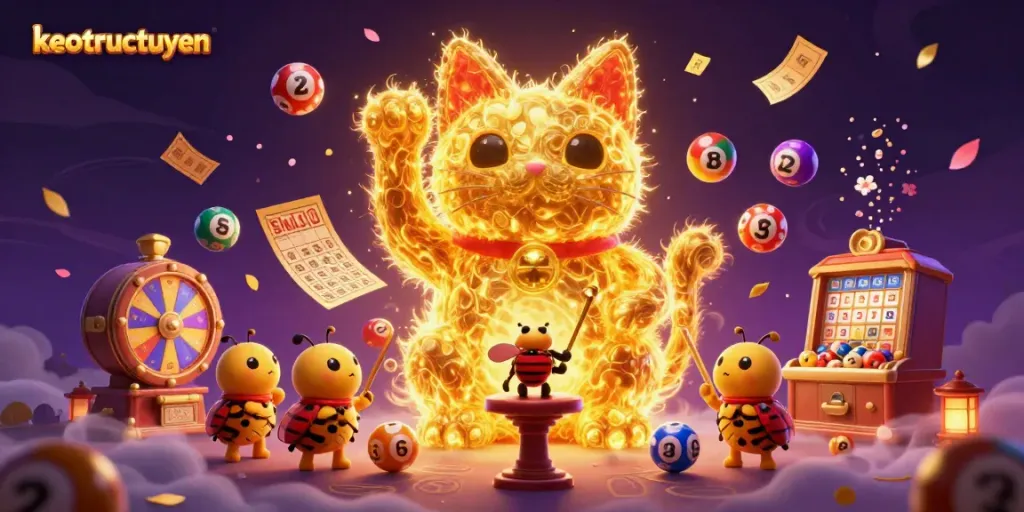 Engage with keotructuyen's dynamic casino scene showcasing a giant lucky cat and colorful lottery elements.