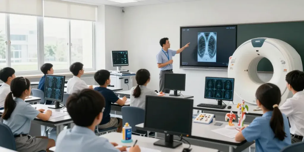 Students learning about medical imaging technology in a classroom during a CT Scan and MRI demonstration with rokok88 link resources.
