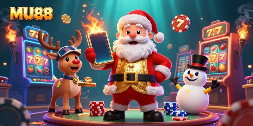 Experience excitement with MU88's Santa Claus and friends in a vibrant casino scene full of interactive slots.