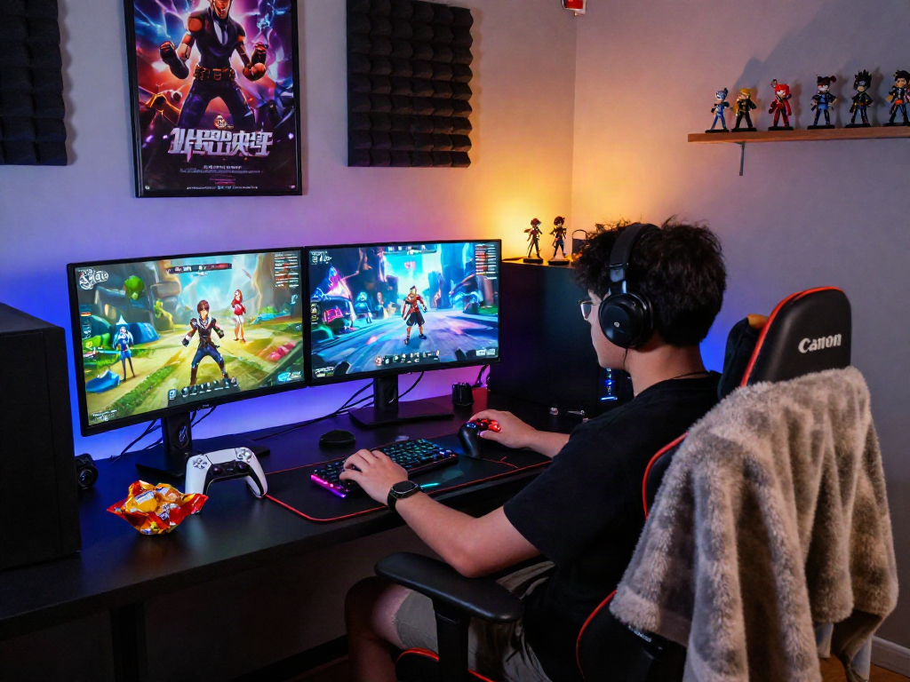 Player enjoying an immersive porn game experience in a colorful gaming room with dual monitors.
