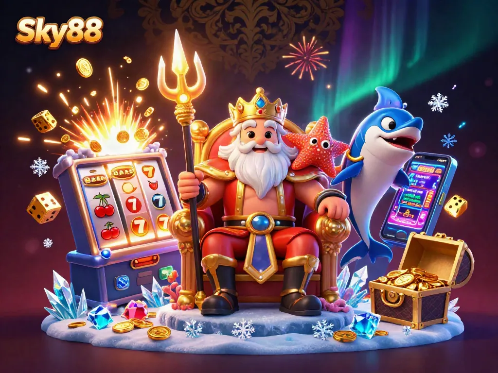 Win big at Sky88 with this vibrant 3D illustration showcasing exciting casino action and jackpots.