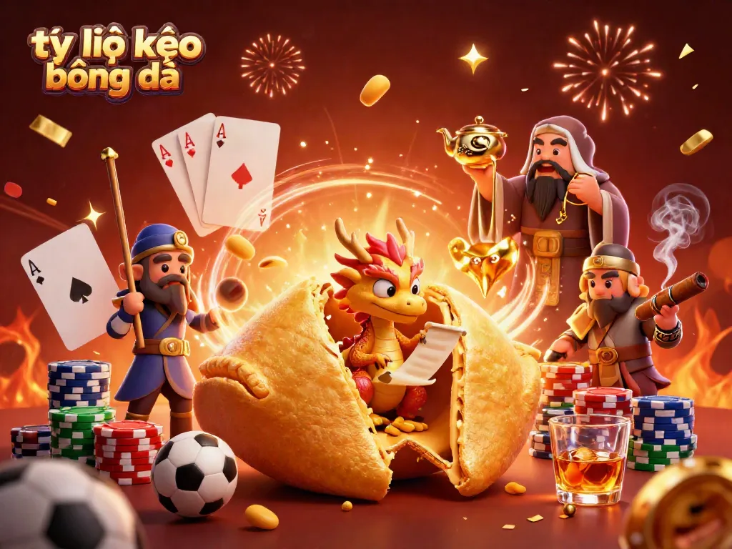 Engage in tỷ lệ kèo bóng đá with vibrant warriors and a wise dragon amidst betting slips and sports trophies.