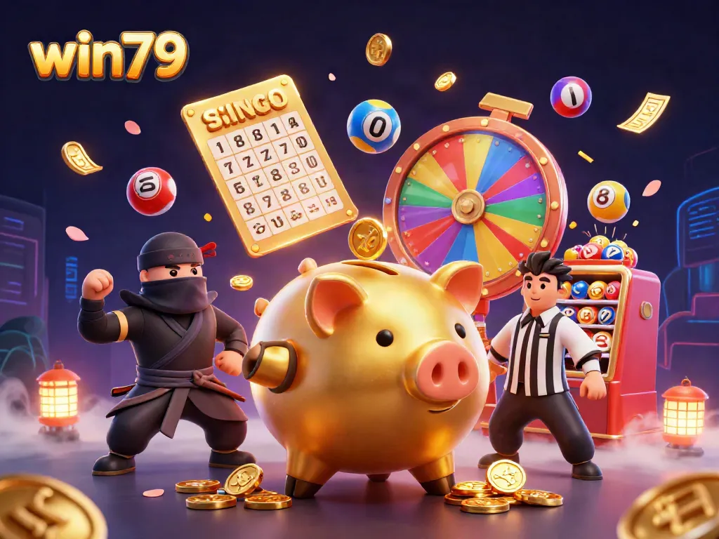 Win79 features a golden piggy bank sumo wrestler in a vibrant casino scene filled with colorful elements.