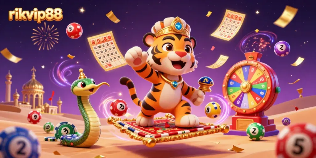 Enjoy a vibrant rikvip88 gaming scene featuring a cartoon sultan, magic lamp, and dynamic lottery elements.